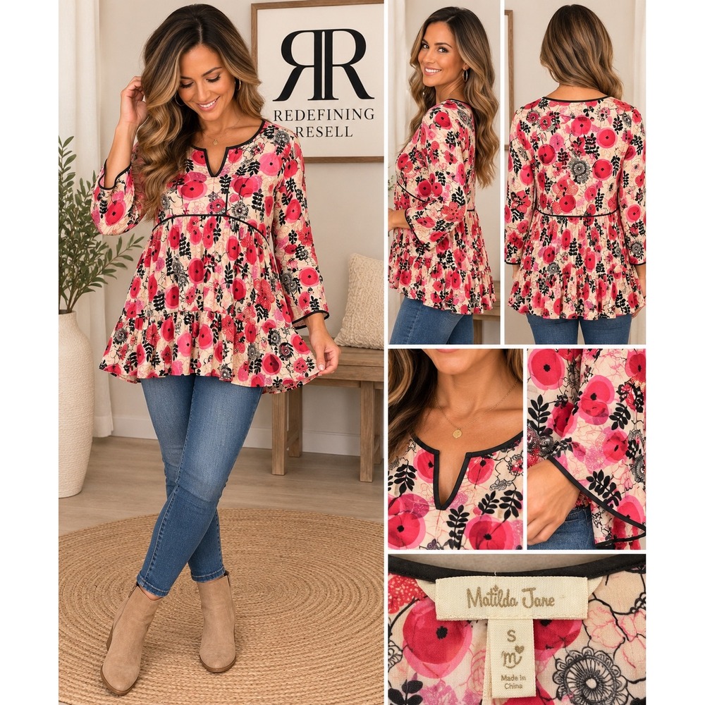 Matilda Jane Pink Floral Poppy Babydoll Tunic Top Long Sleeve Small